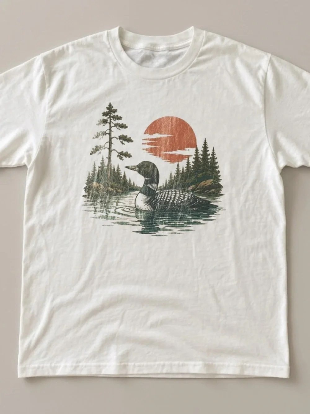 White Graphic Loon Sunset Tee, Lake shirt